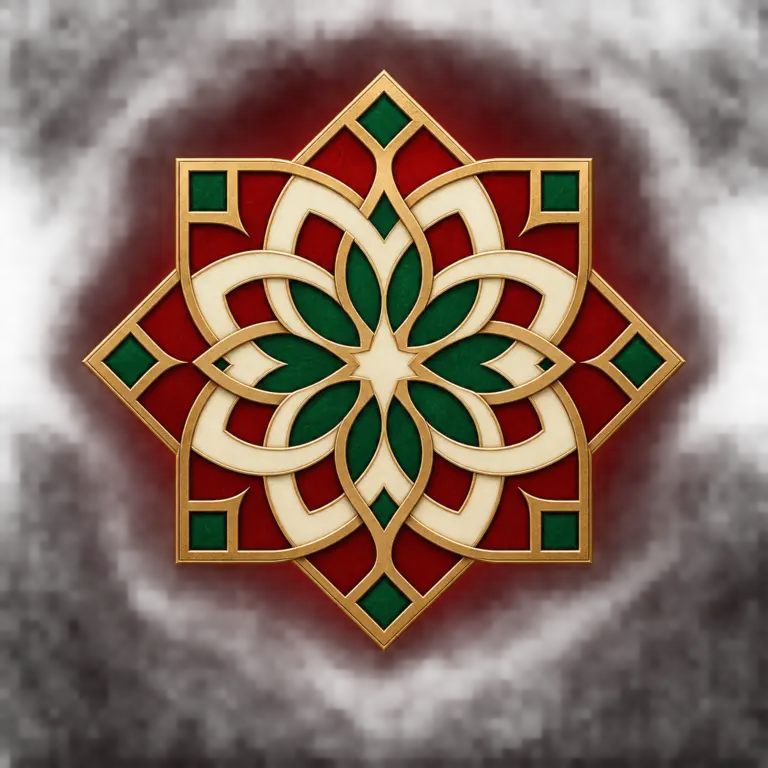 Emblème géométrique rouge, vert, ivoire et or de MDC